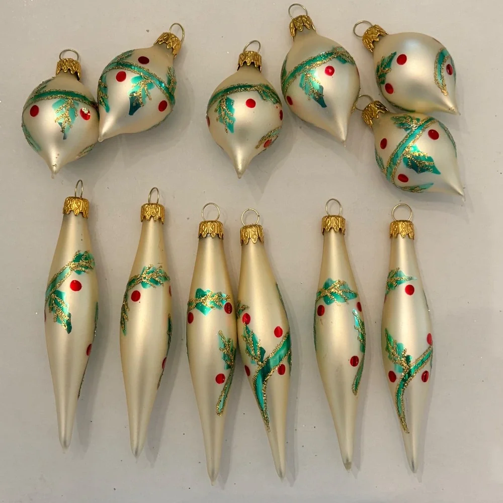 12pc Vintage Glass Christmas Ornaments Champagne Gold Green Holly Teardrop Set